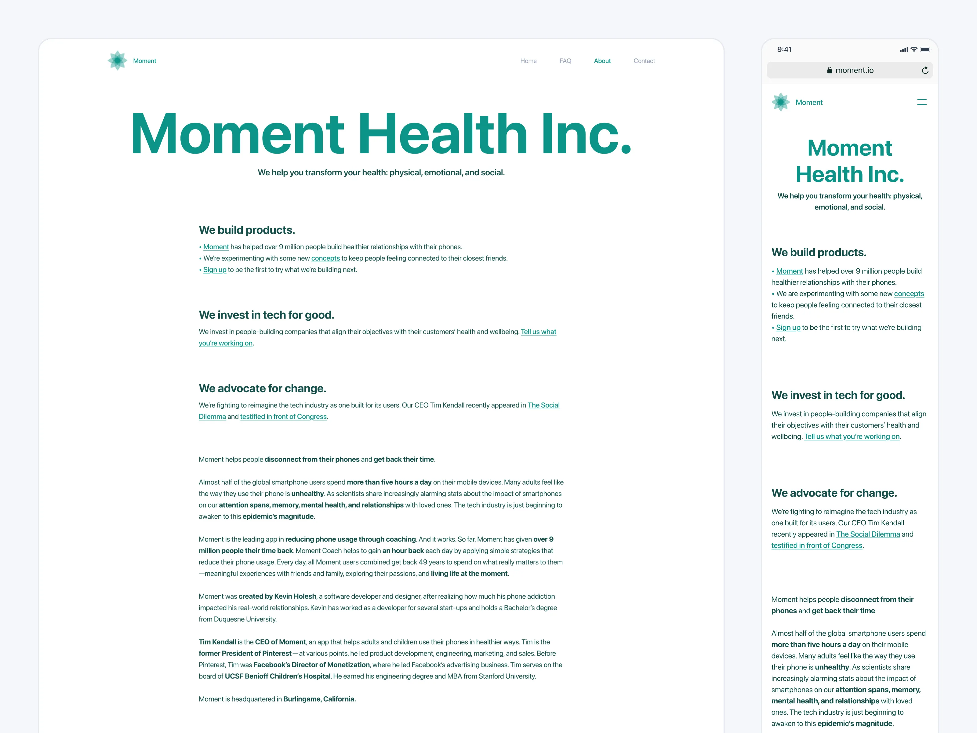 Moment — marketing website about section