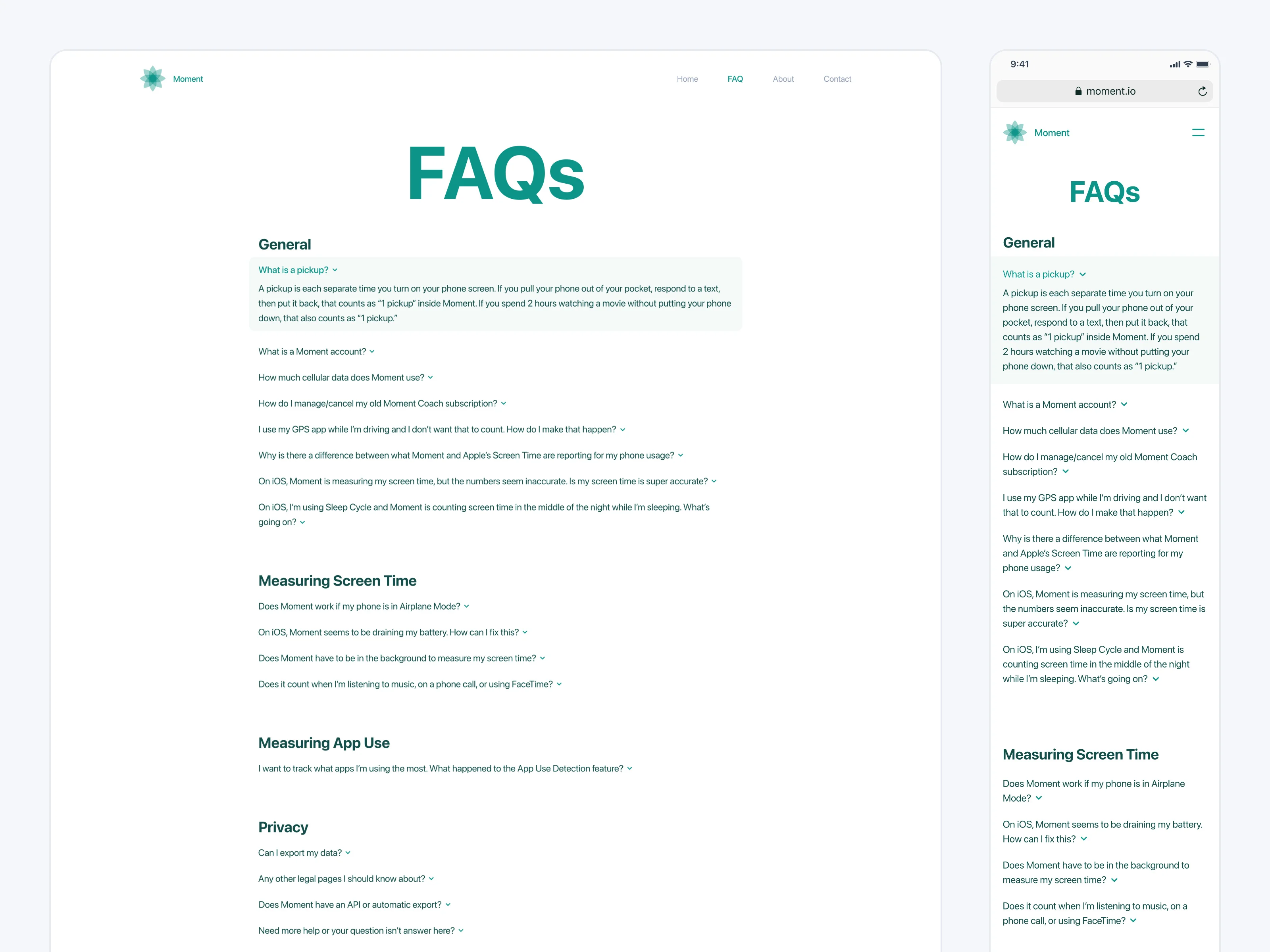 Moment website FAQ